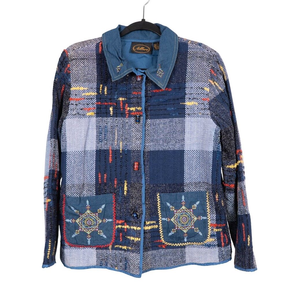 Allure VTG Patchwork Knit Jacket S Womens Blue Pockets Buttons 90s Jean Collar